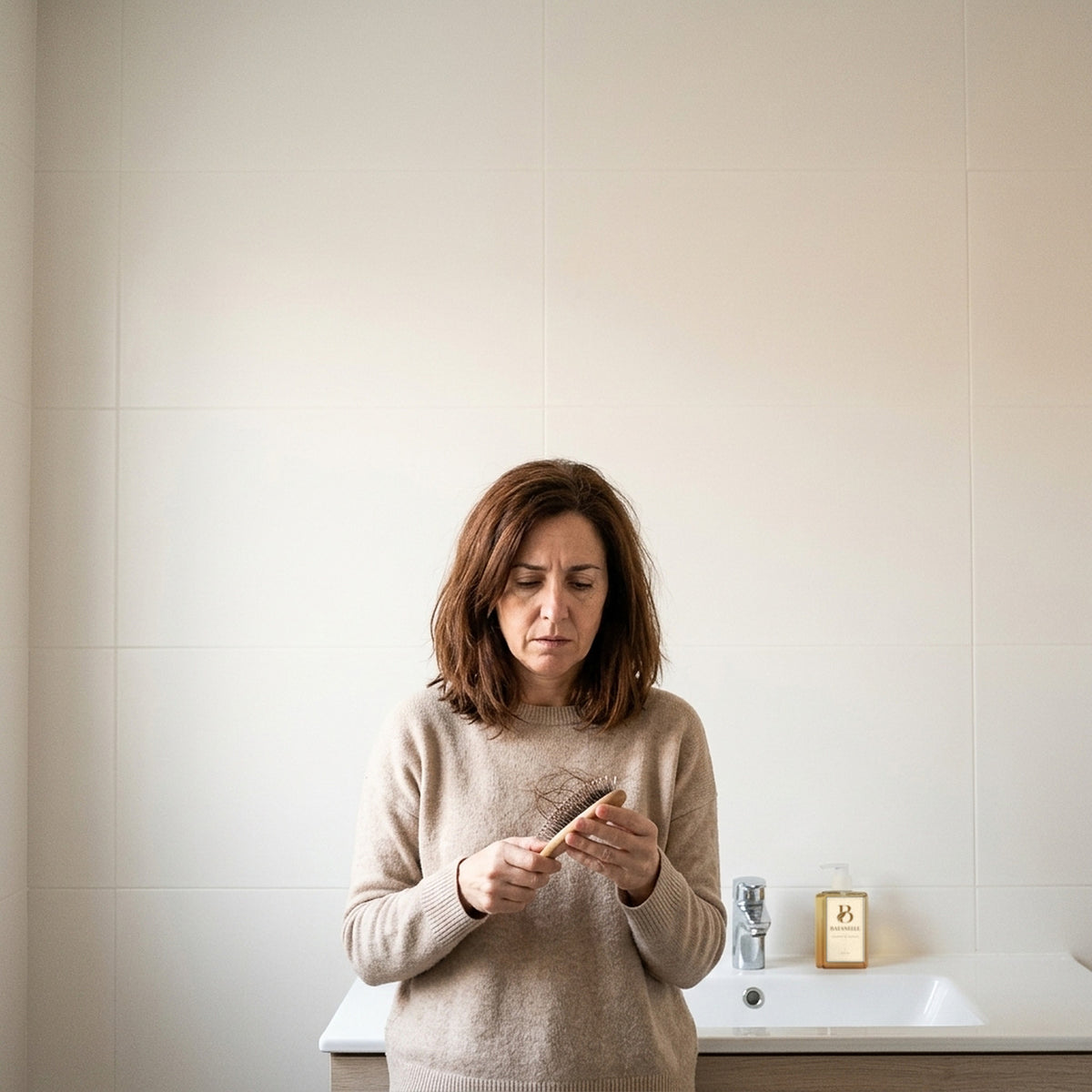 Mujer en el baño mirando un cepillo lleno de pelo, con el champú de batana BATANELLE en la repisa