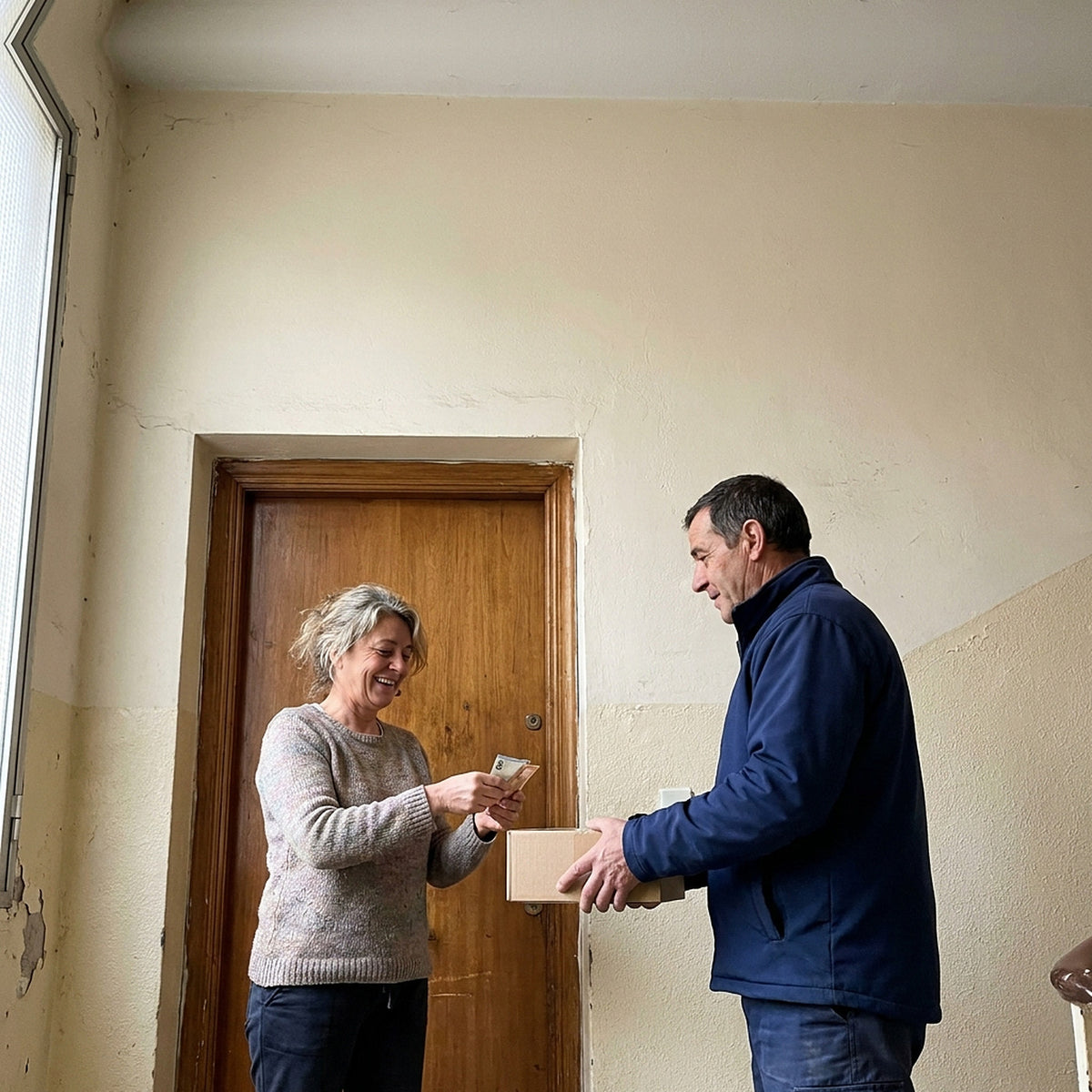 Mujer recibiendo su paquete en la puerta de casa y pagando al repartidor