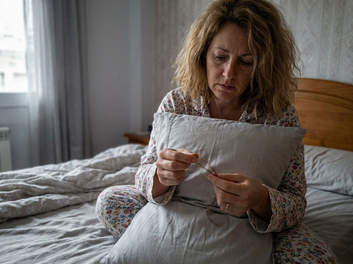 Mujer sentada en la cama por la mañana quitando pelos sueltos de la funda de la almohada